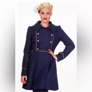 Banned “Into The Night” Retro 1940s Military Coat Navy Blue W/ Gold Med